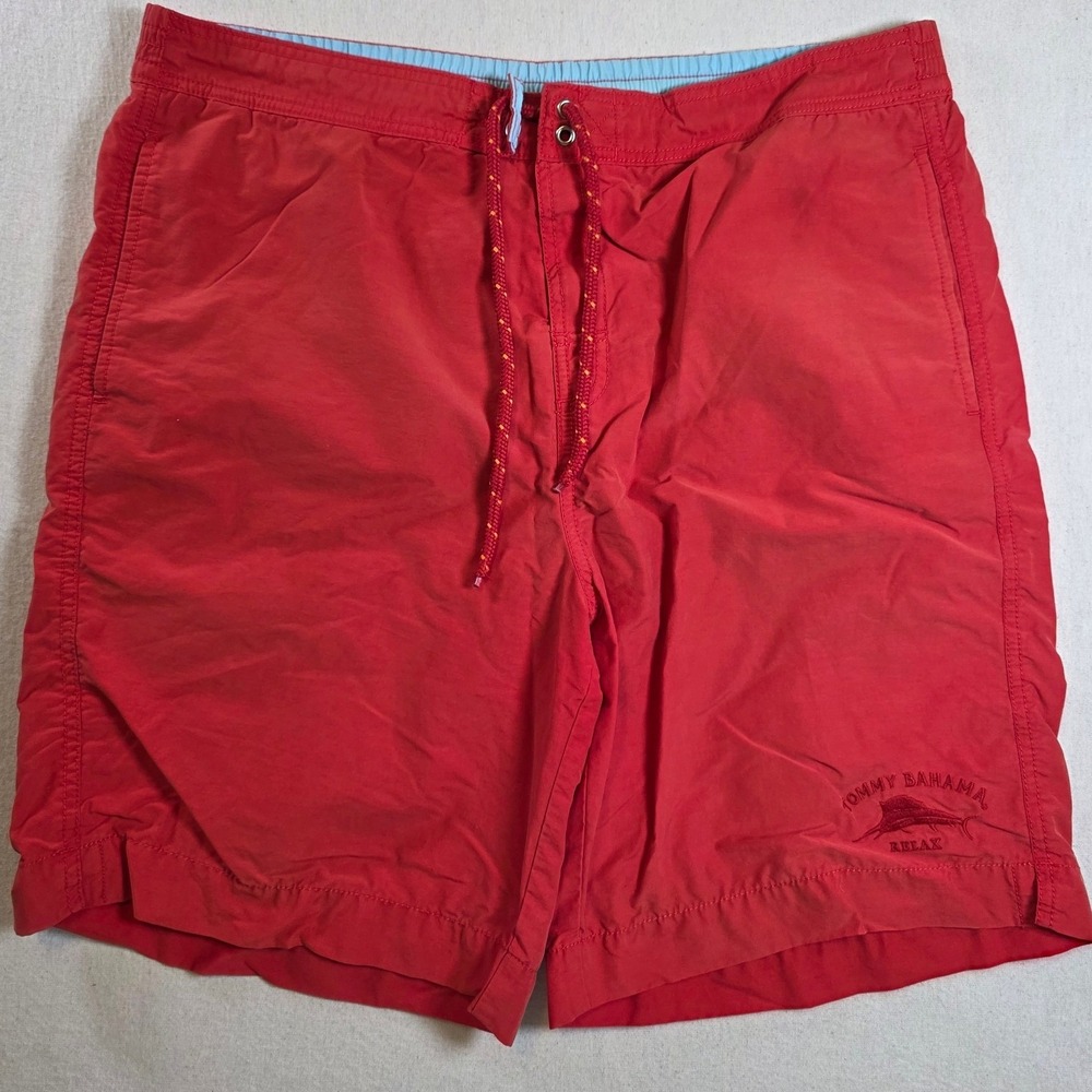Tommy Bahama Relax Men M Red Swim Trunks Lined Board Shorts Solid Cotton Blend